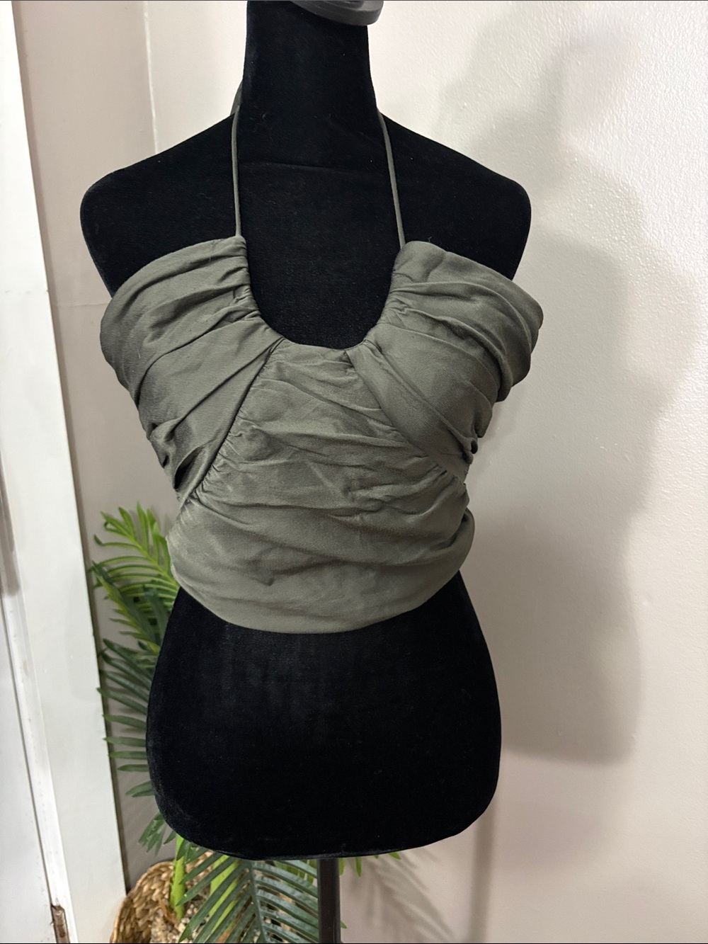 Zara Satin Effect Draped Halter Top - Dark  Olive Green - Size Small